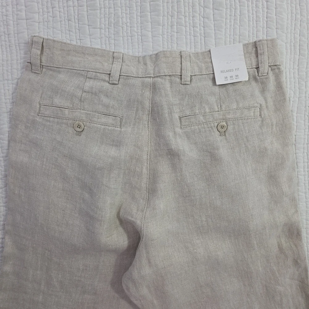 Zara 100% Linen Pants Mens 30x28 Natural Beige Pleated Chino Relaxed Fit NWT